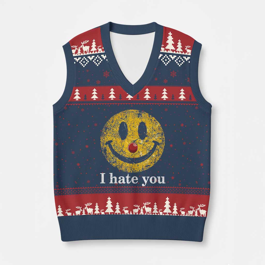 I Hate You Smile Face Meme V-Neck Knit Sweater Vest Funny Sarcastic Joke Meme