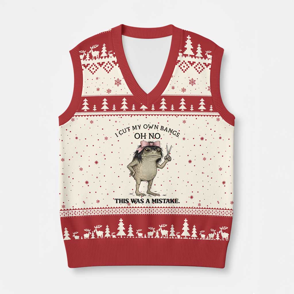 I Cut My Own Bangs V-Neck Knit Sweater Vest Funny Frog Meme