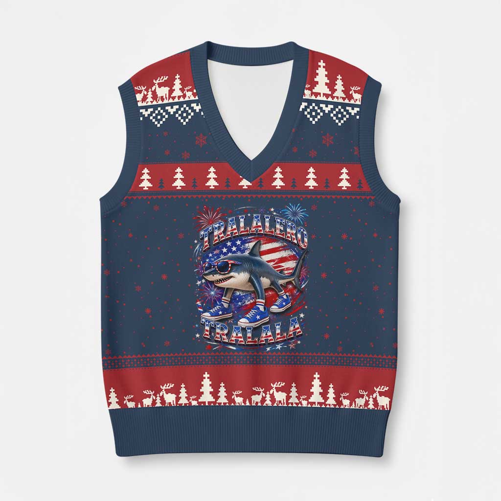 Tralalero Tralala Shark Italian Brainrot 4th Of July Meme V-Neck Knit Sweater Vest