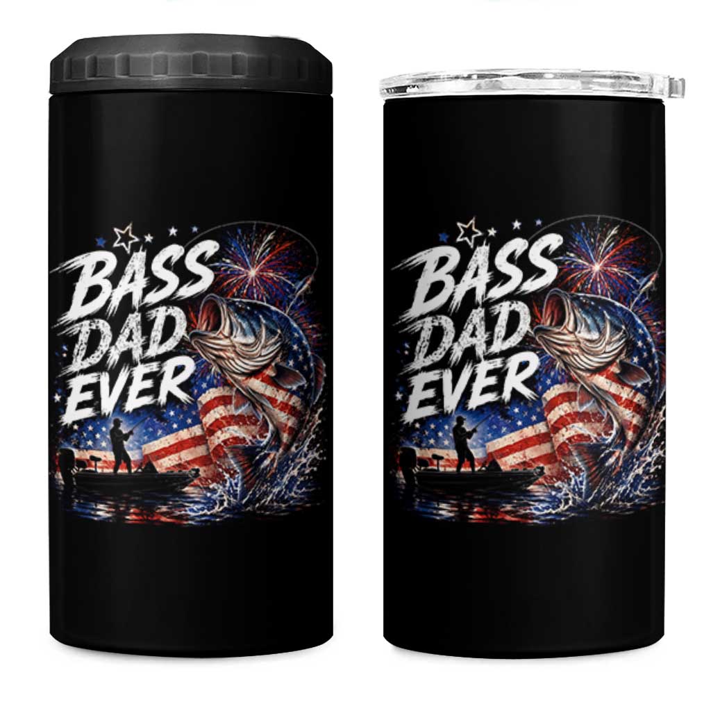 Bass Dad Ever Fishing 4 in 1 Can Cooler Tumbler Patriotic Dad Birthday 4th Of July Gifts