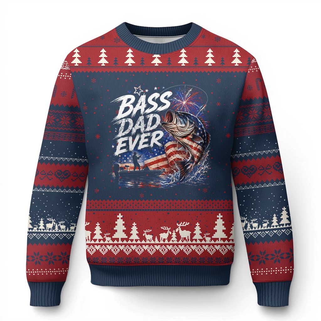 Bass Dad Ever Fishing Ugly Christmas Sweater Patriotic Dad Birthday 4th Of July Gifts