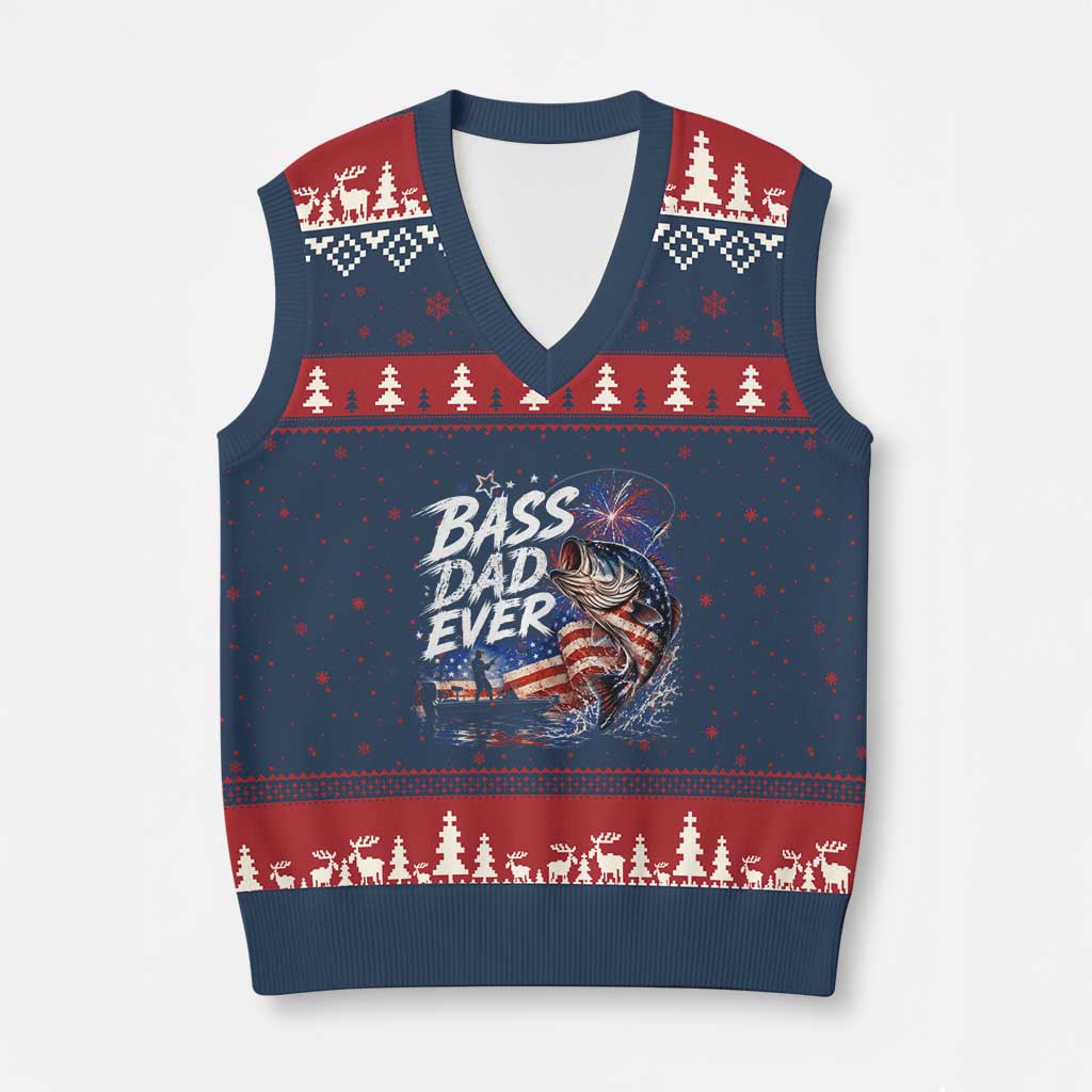 Bass Dad Ever Fishing V-Neck Knit Sweater Vest Patriotic Dad Birthday 4th Of July Gifts