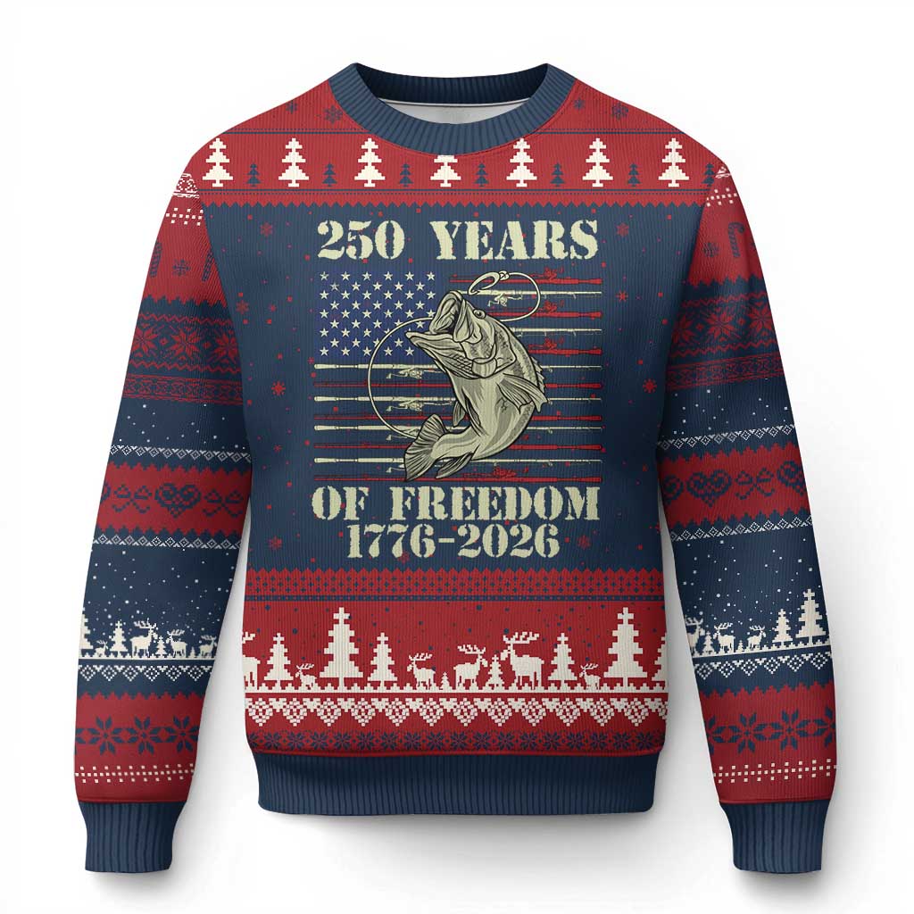 America 250th Bass Fishing American Flag Ugly Christmas Sweater