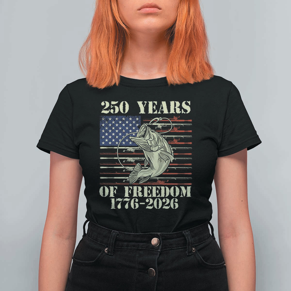 America 250th Bass Fishing American Flag T Shirt For Women