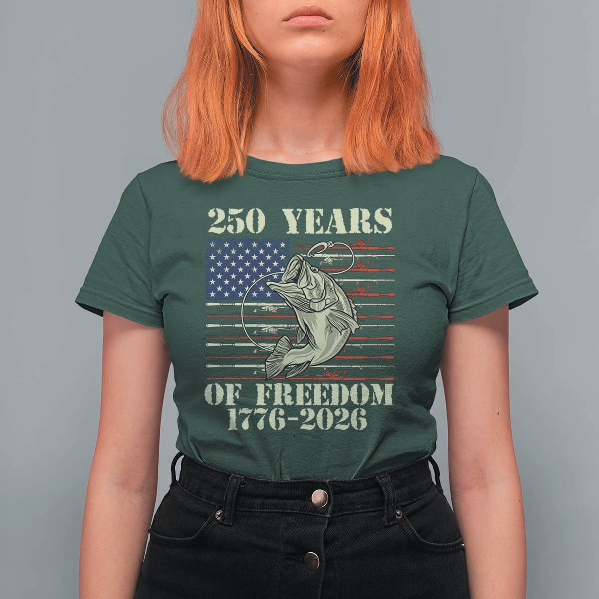 America 250th Bass Fishing American Flag T Shirt For Women