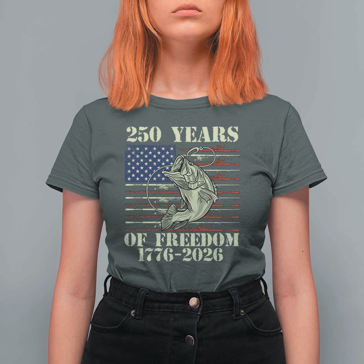 America 250th Bass Fishing American Flag T Shirt For Women