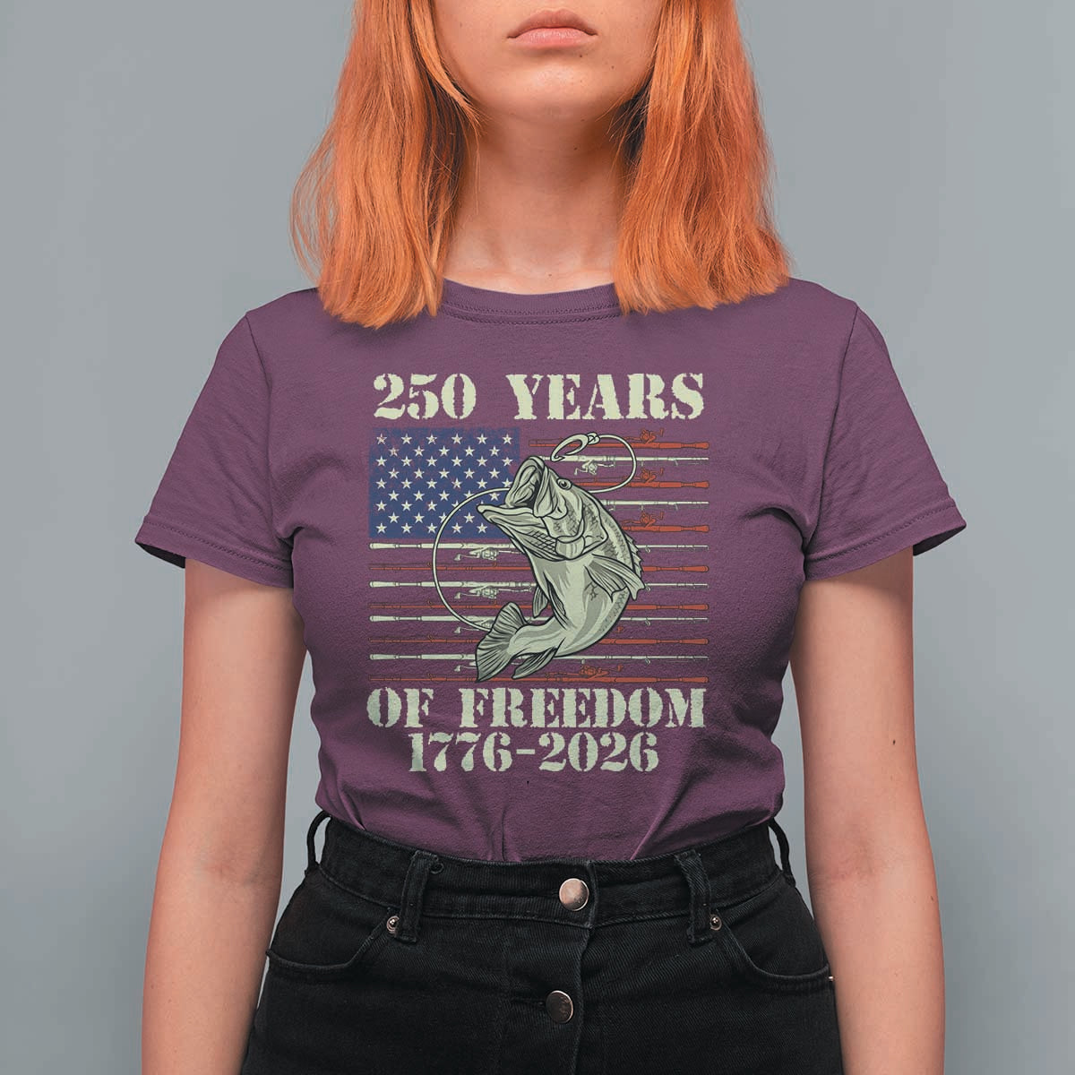 America 250th Bass Fishing American Flag T Shirt For Women