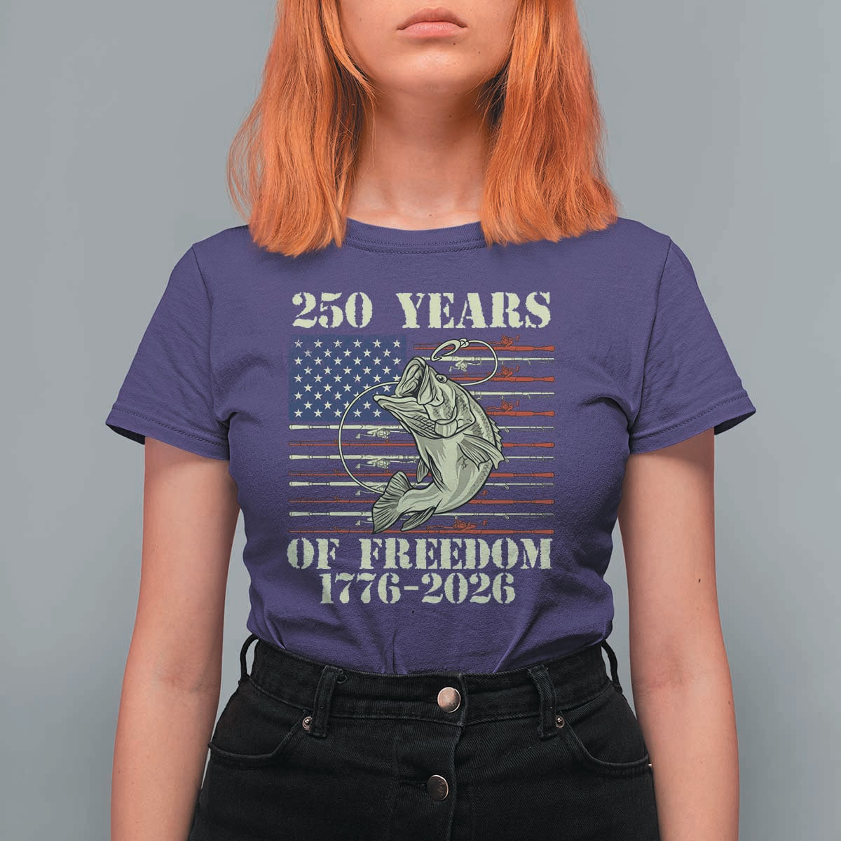 America 250th Bass Fishing American Flag T Shirt For Women