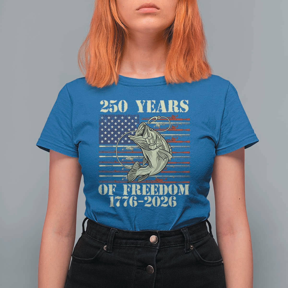 America 250th Bass Fishing American Flag T Shirt For Women