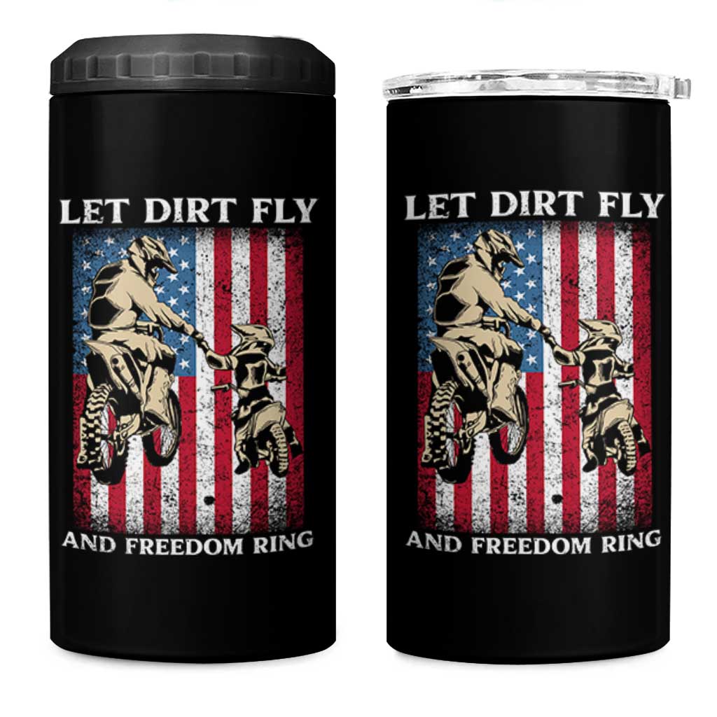 Let Dirt Fly And Freedom Ring 4 in 1 Can Cooler Tumbler 4th of July Dirt Bike American Flag