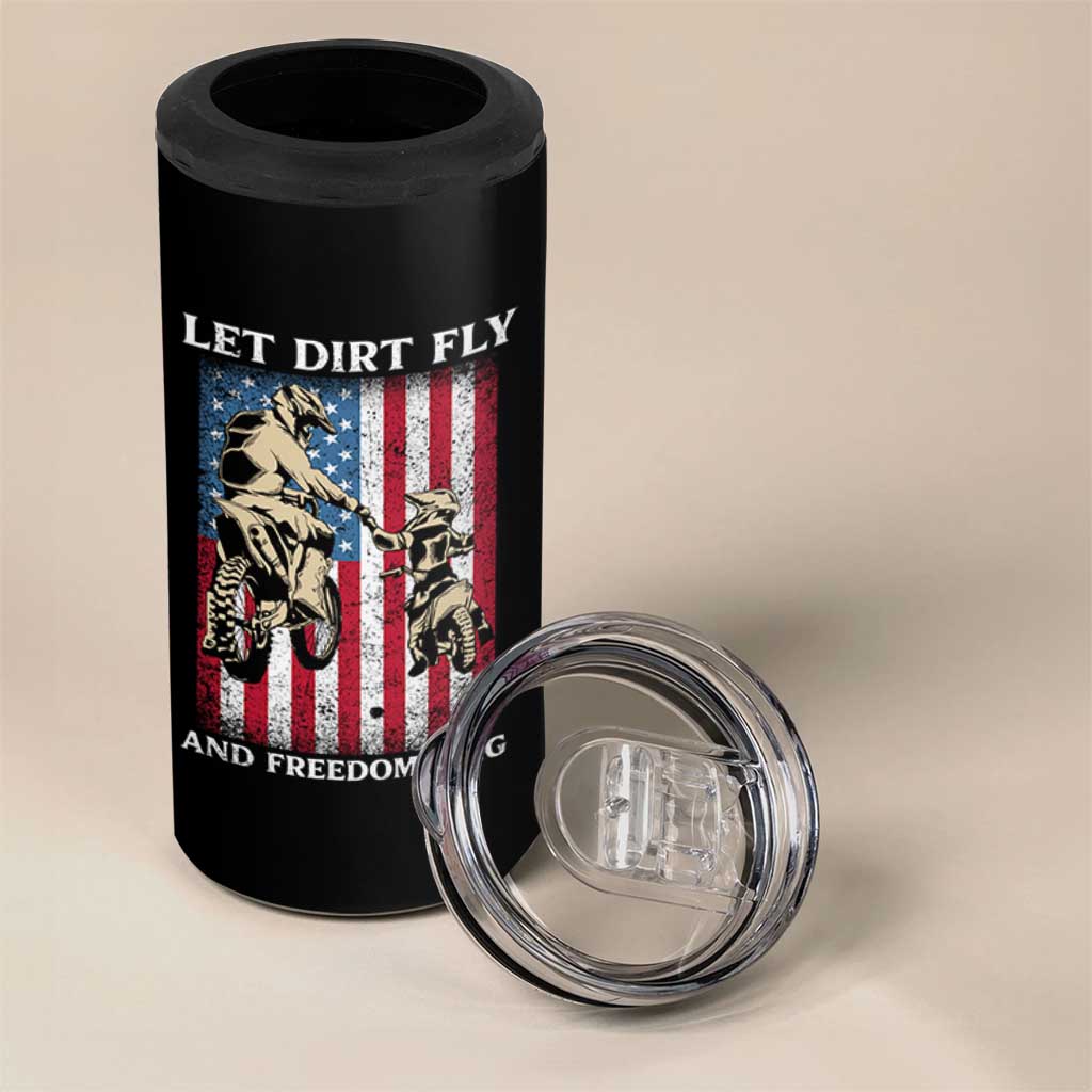Let Dirt Fly And Freedom Ring 4 in 1 Can Cooler Tumbler 4th of July Dirt Bike American Flag