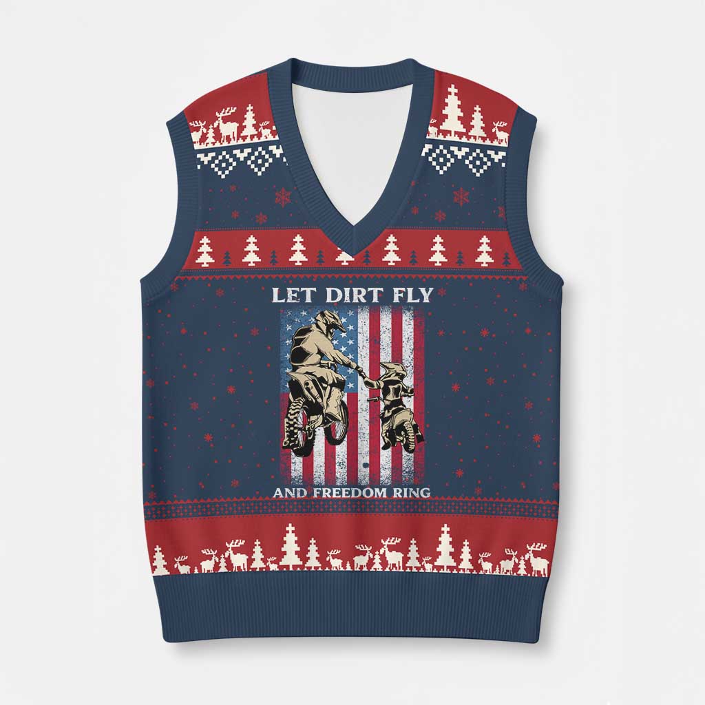 Let Dirt Fly And Freedom Ring V-Neck Knit Sweater Vest 4th of July Dirt Bike American Flag