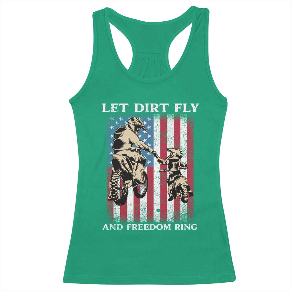 Let Dirt Fly And Freedom Ring Racerback Tank Top 4th of July Dirt Bike American Flag