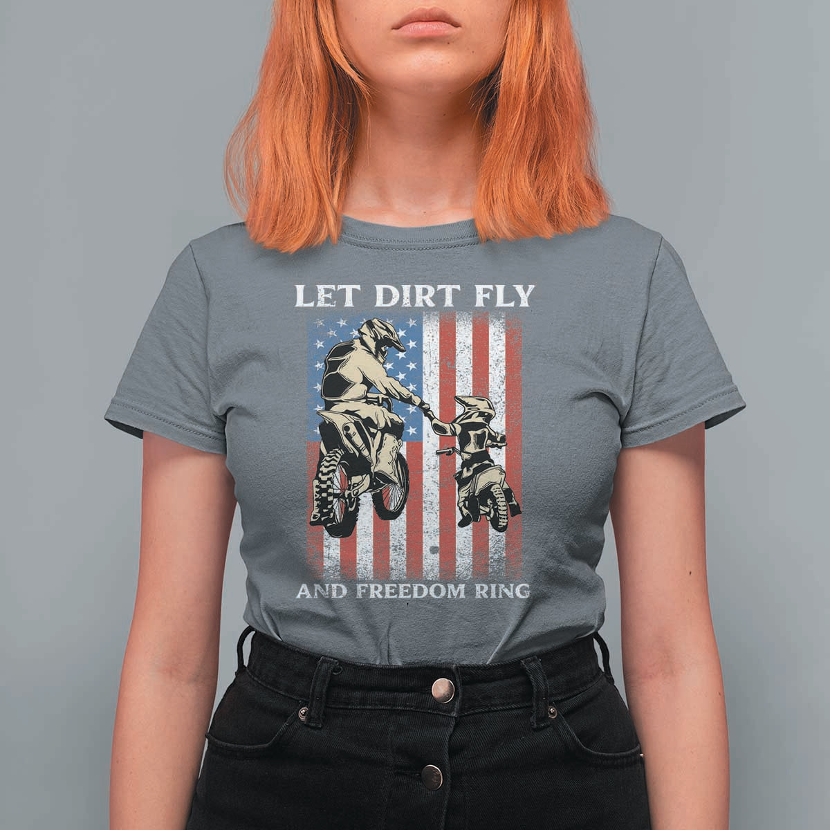 Let Dirt Fly And Freedom Ring T Shirt For Women 4th of July Dirt Bike American Flag
