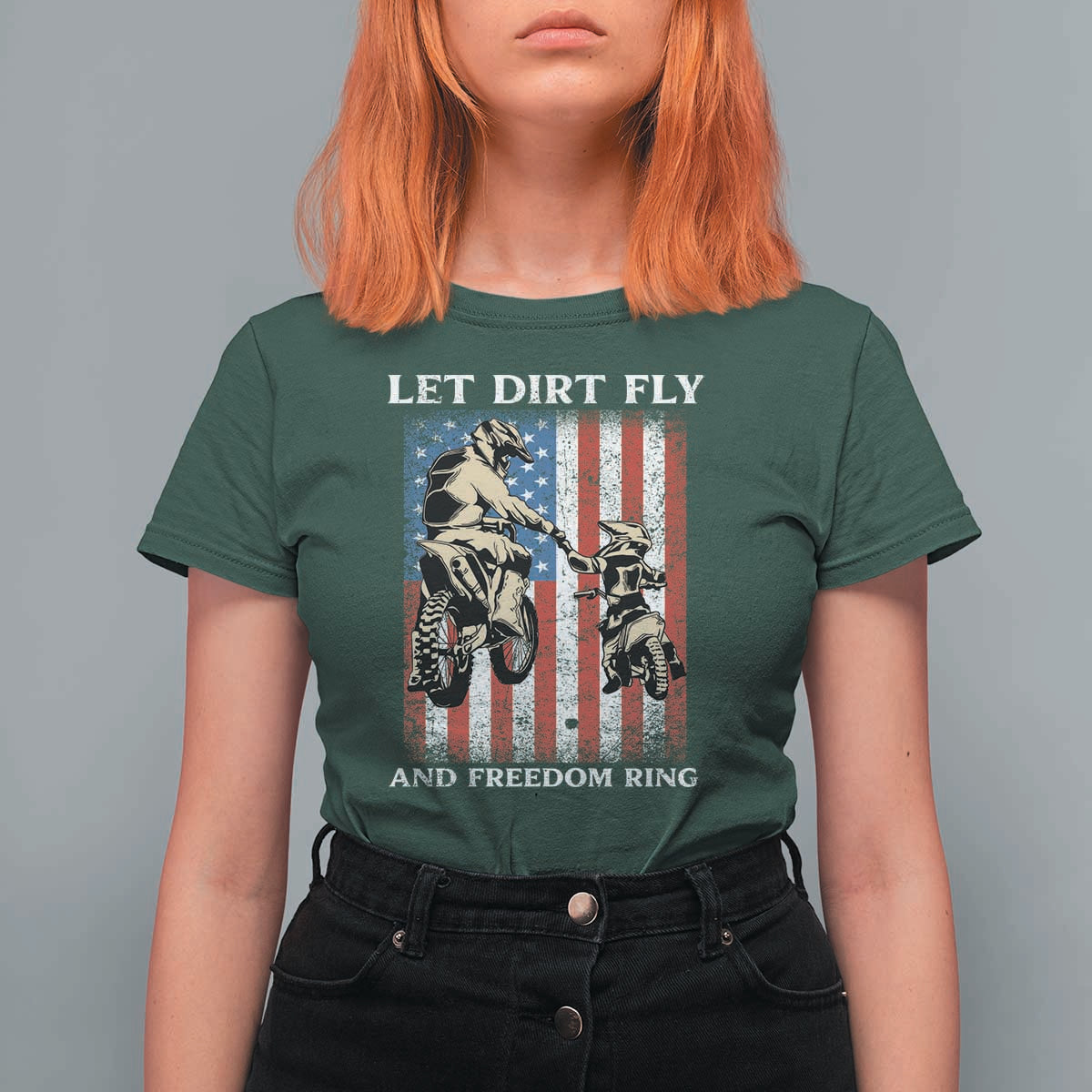 Let Dirt Fly And Freedom Ring T Shirt For Women 4th of July Dirt Bike American Flag