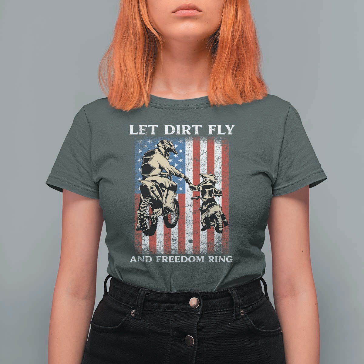 Let Dirt Fly And Freedom Ring T Shirt For Women 4th of July Dirt Bike American Flag