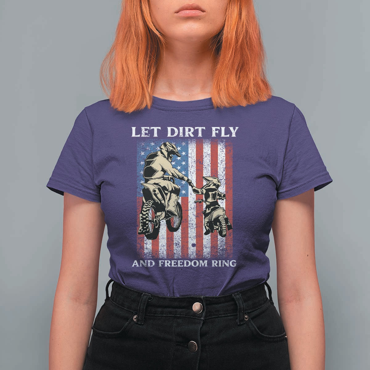 Let Dirt Fly And Freedom Ring T Shirt For Women 4th of July Dirt Bike American Flag