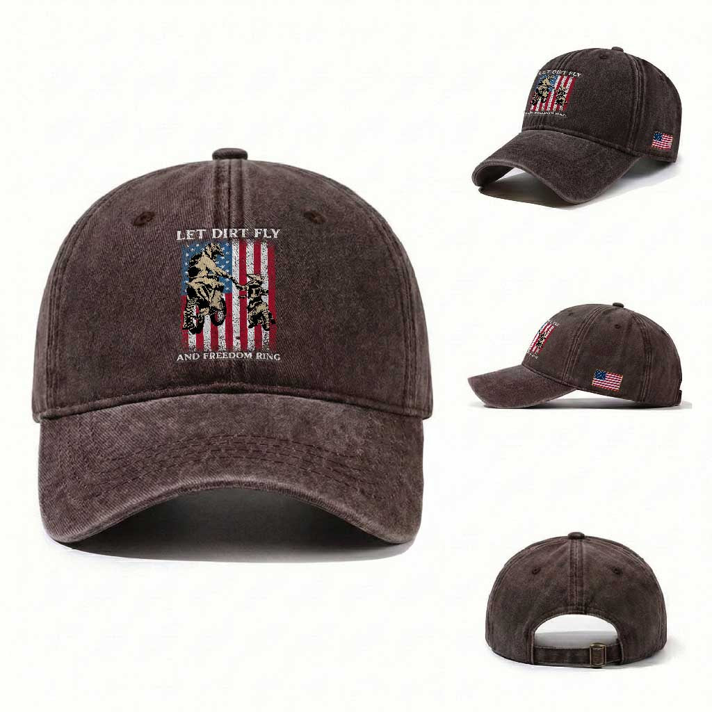 Let Dirt Fly And Freedom Ring Washed Cotton Baseball Cap 4th of July Dirt Bike American Flag