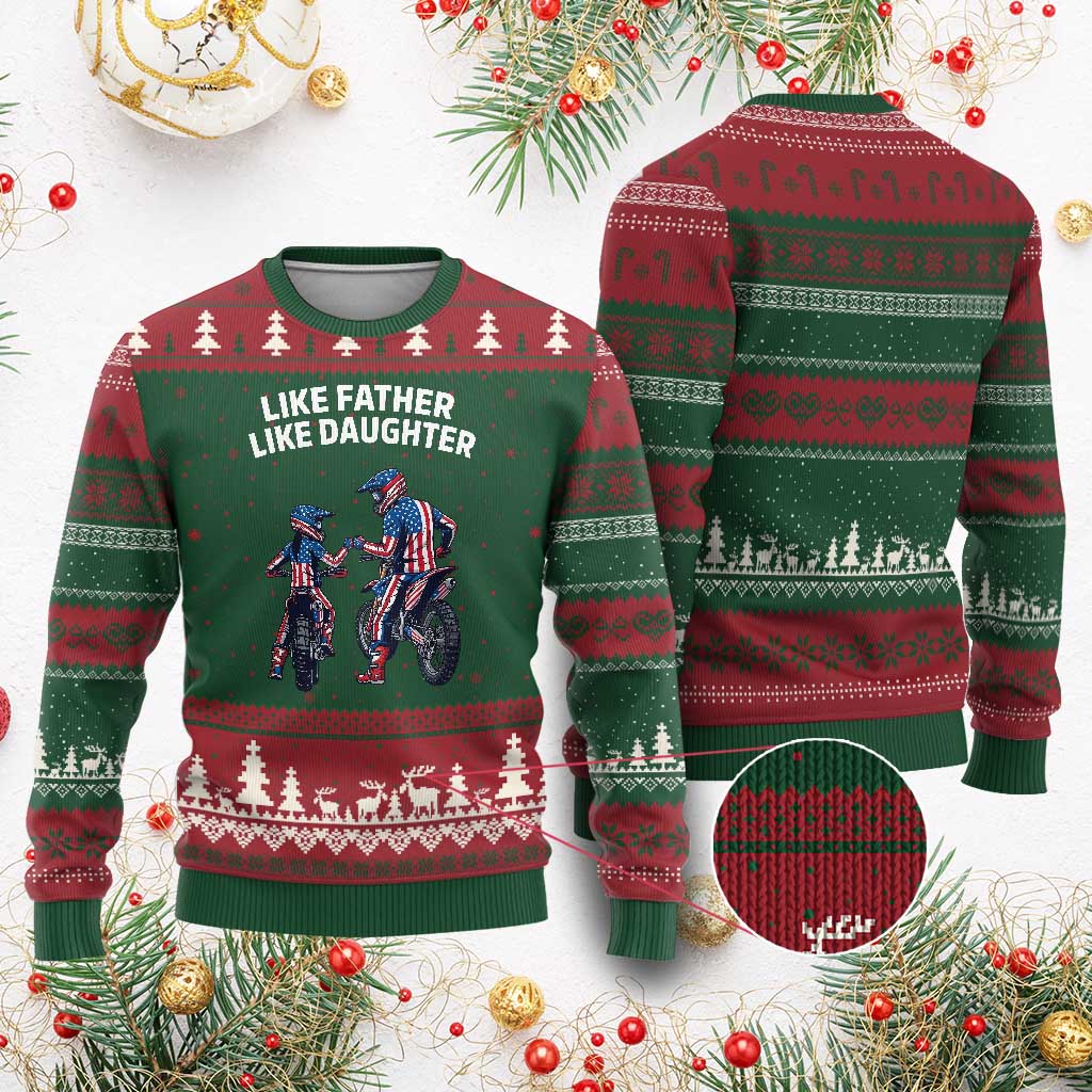 Like Father Daughter Dirt Bike Ugly Christmas Sweater Cute Matching Motocross Gift Father's Day