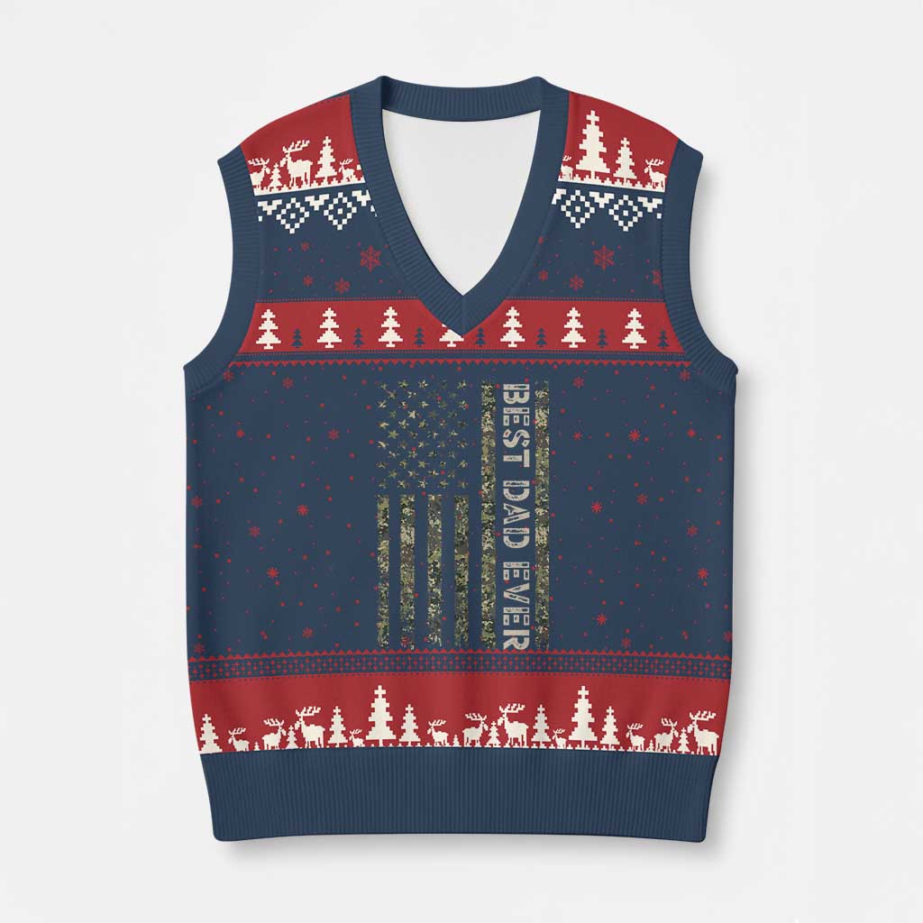 Best Dad Ever V-Neck Knit Sweater Vest Patriotic USA Flag 4th of July Camo American Flag Camouflage