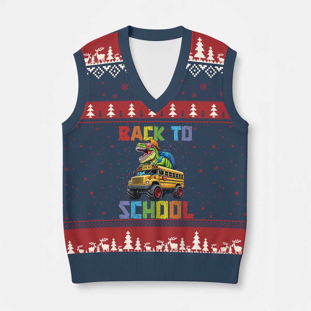 Bruh We Back V-Neck Knit Sweater Vest Funny Dinosaur Back To School Dinosaur