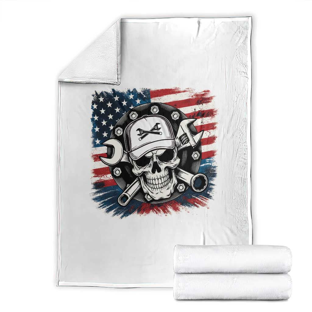American Flag Skull Mechanic Throw Blanket Labor Day Patriotic USA - Wonder Print Shop