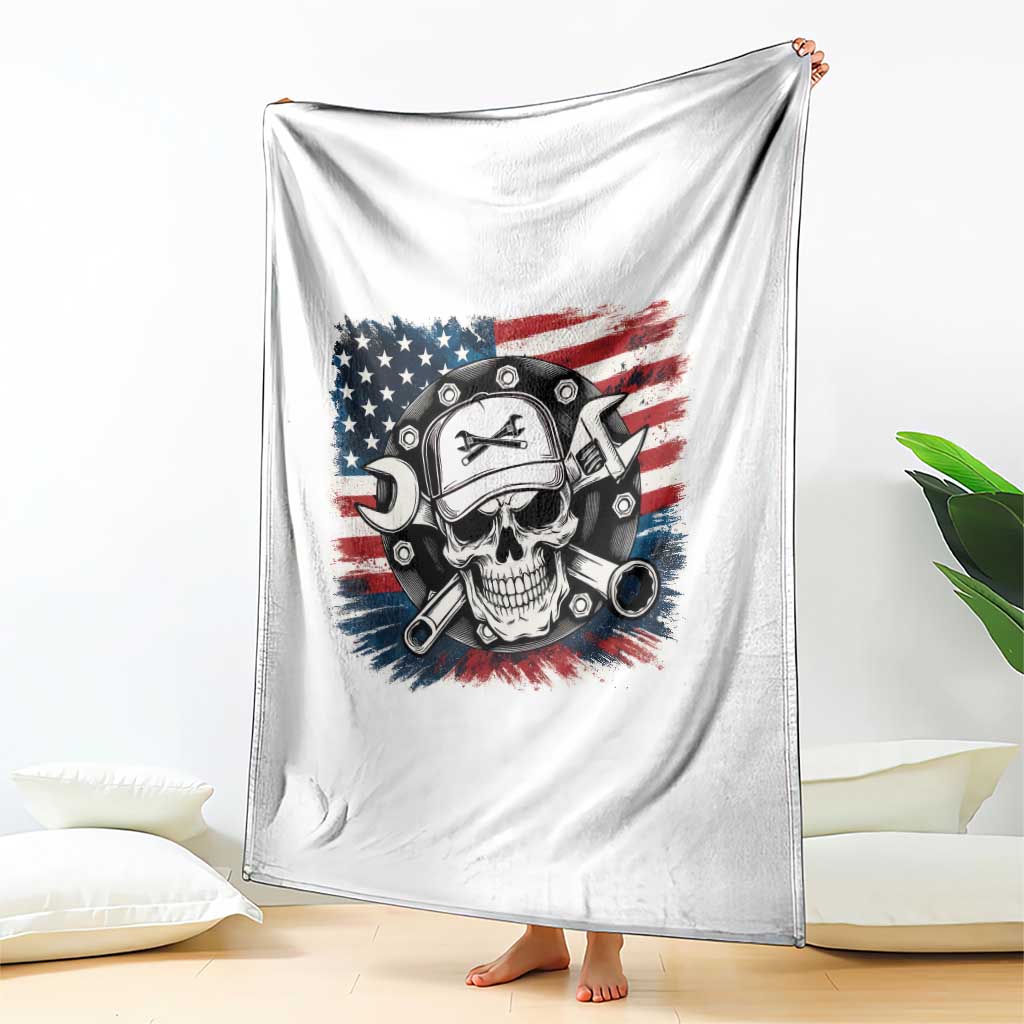 American Flag Skull Mechanic Throw Blanket Labor Day Patriotic USA - Wonder Print Shop