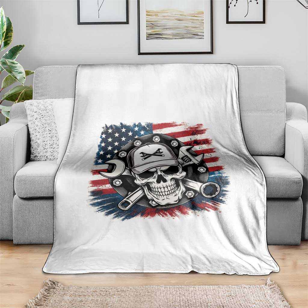 American Flag Skull Mechanic Throw Blanket Labor Day Patriotic USA - Wonder Print Shop