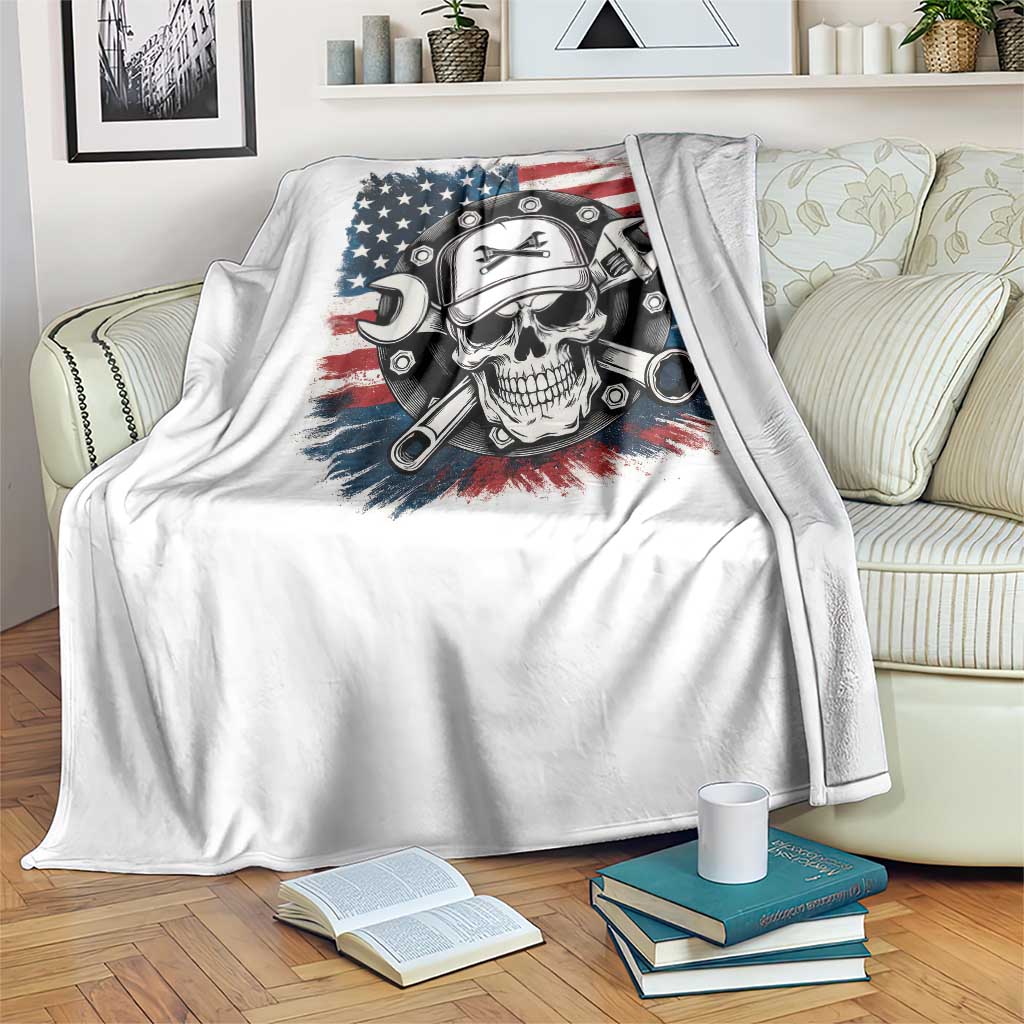 American Flag Skull Mechanic Throw Blanket Labor Day Patriotic USA - Wonder Print Shop