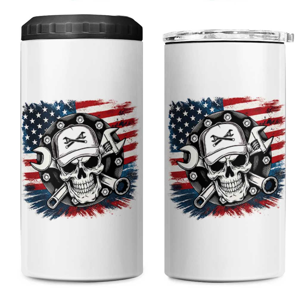 American Flag Skull Mechanic 4 in 1 Can Cooler Tumbler Labor Day Patriotic USA