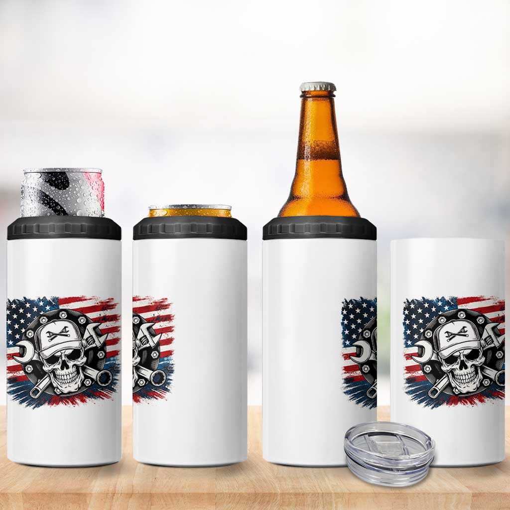 American Flag Skull Mechanic 4 in 1 Can Cooler Tumbler Labor Day Patriotic USA