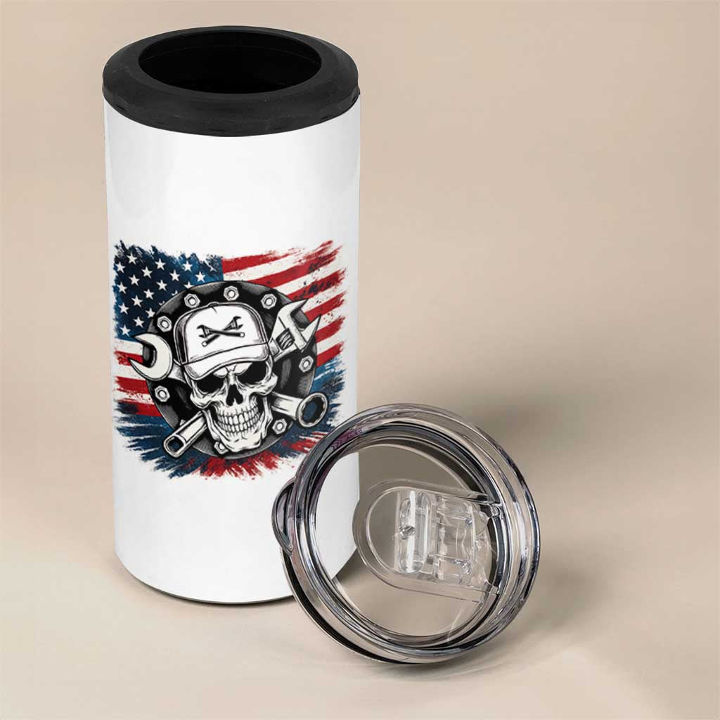 American Flag Skull Mechanic 4 in 1 Can Cooler Tumbler Labor Day Patriotic USA