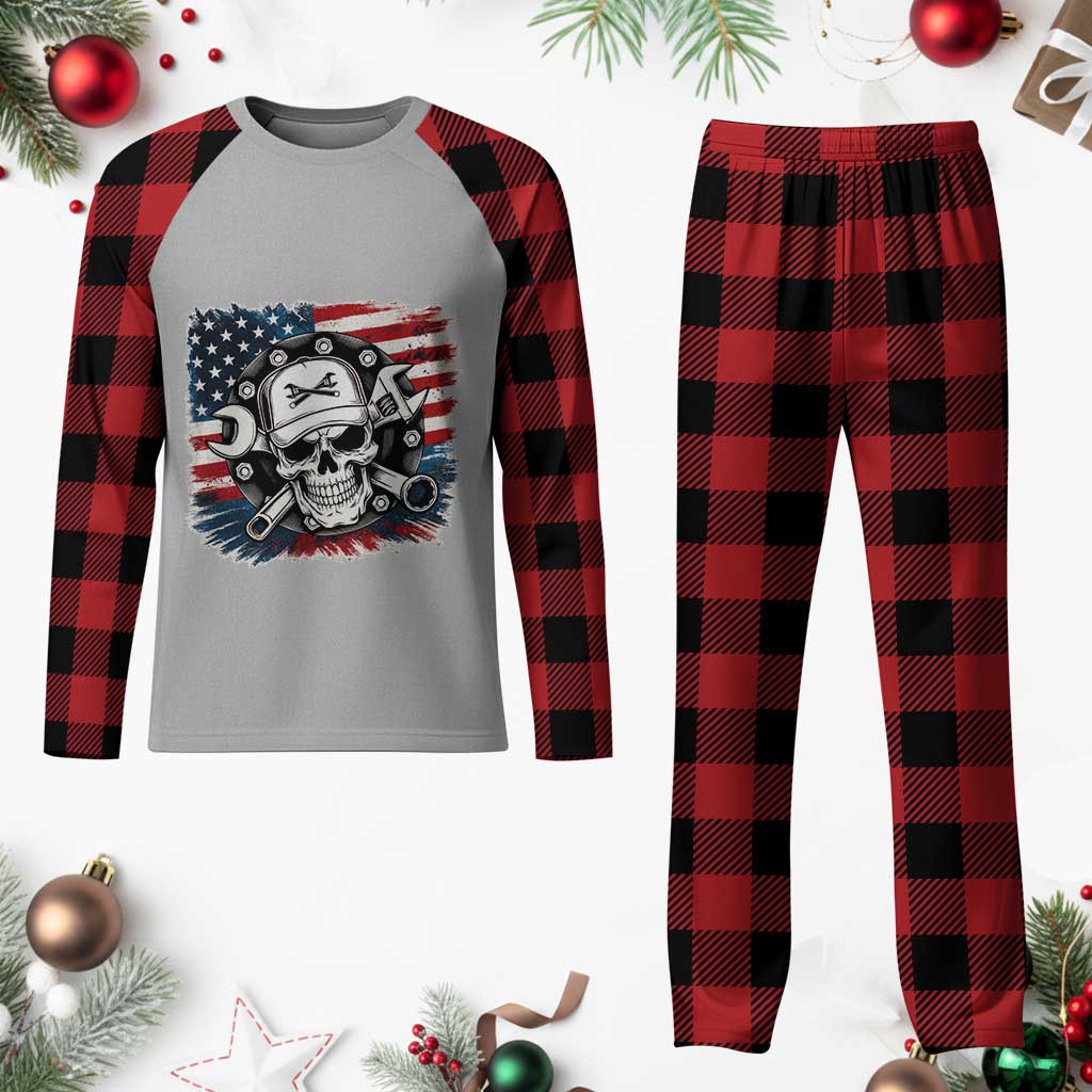 American Flag Skull Mechanic Plaid Pajama Set Labor Day Patriotic USA - Wonder Print Shop
