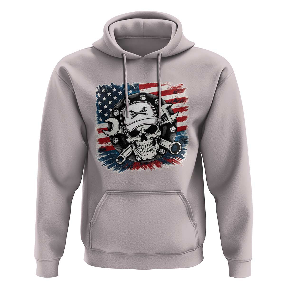 American Flag Skull Mechanic Hoodie Labor Day Patriotic USA - Wonder Print Shop