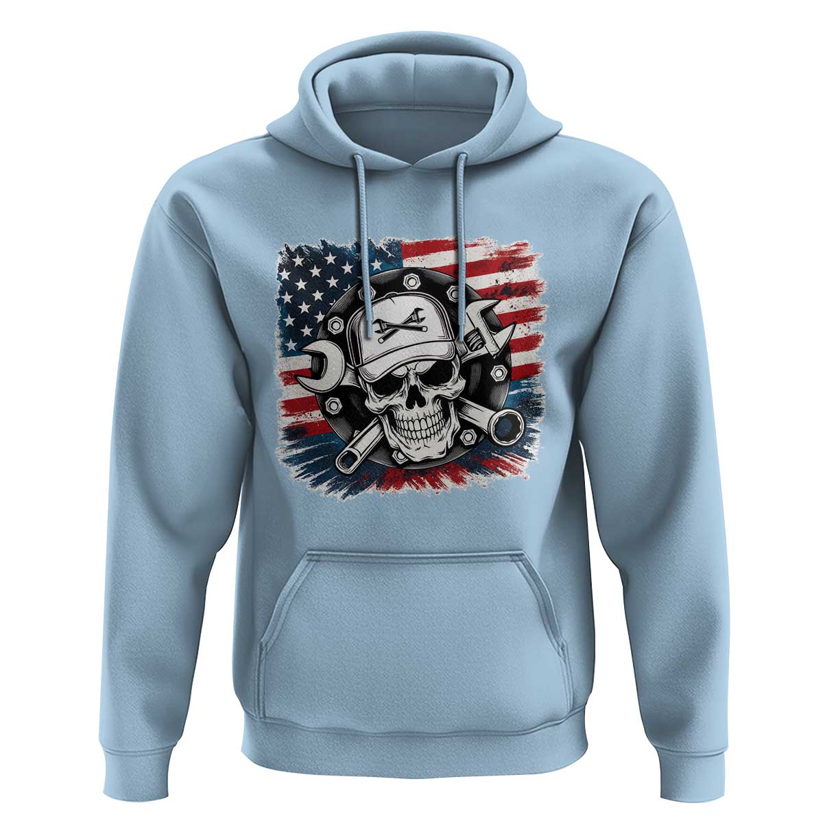 American Flag Skull Mechanic Hoodie Labor Day Patriotic USA - Wonder Print Shop