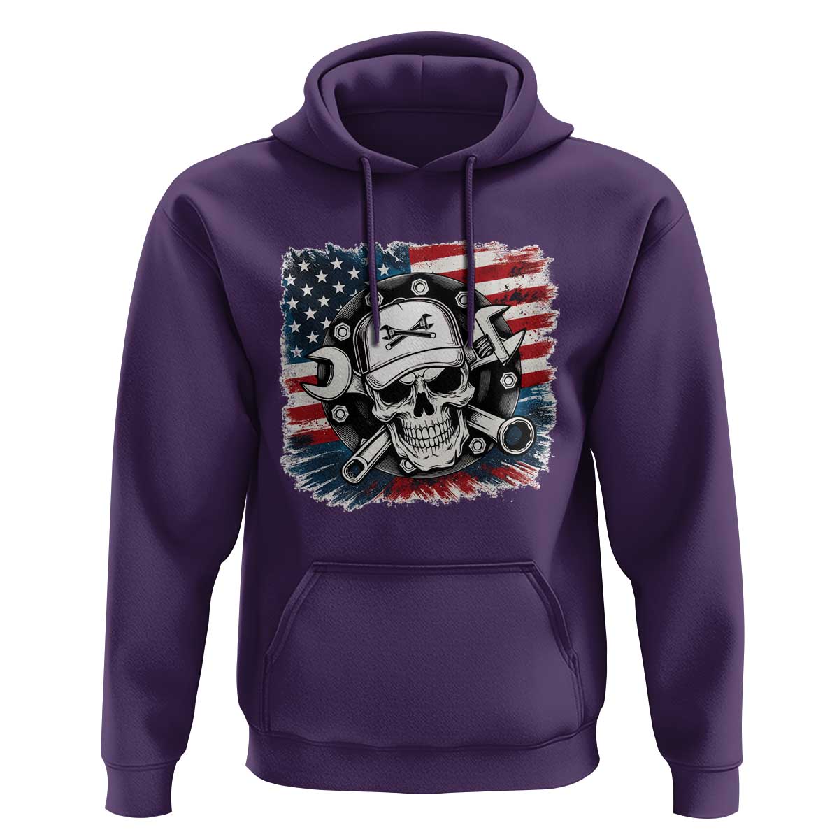 American Flag Skull Mechanic Hoodie Labor Day Patriotic USA - Wonder Print Shop