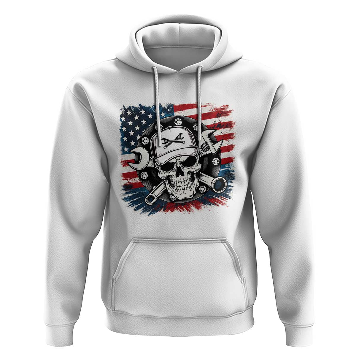 American Flag Skull Mechanic Hoodie Labor Day Patriotic USA - Wonder Print Shop