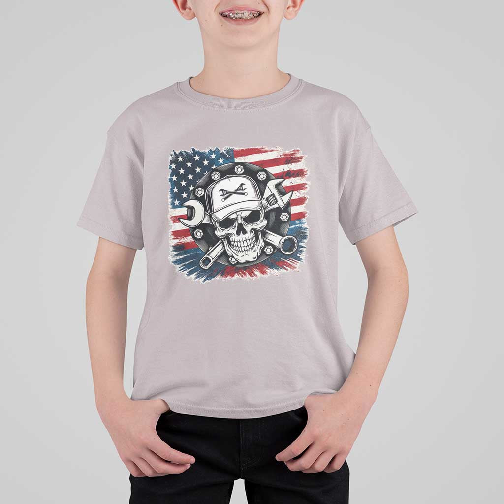 American Flag Skull Mechanic T Shirt For Kid Labor Day Patriotic USA - Wonder Print Shop