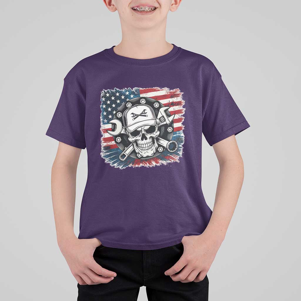 American Flag Skull Mechanic T Shirt For Kid Labor Day Patriotic USA - Wonder Print Shop