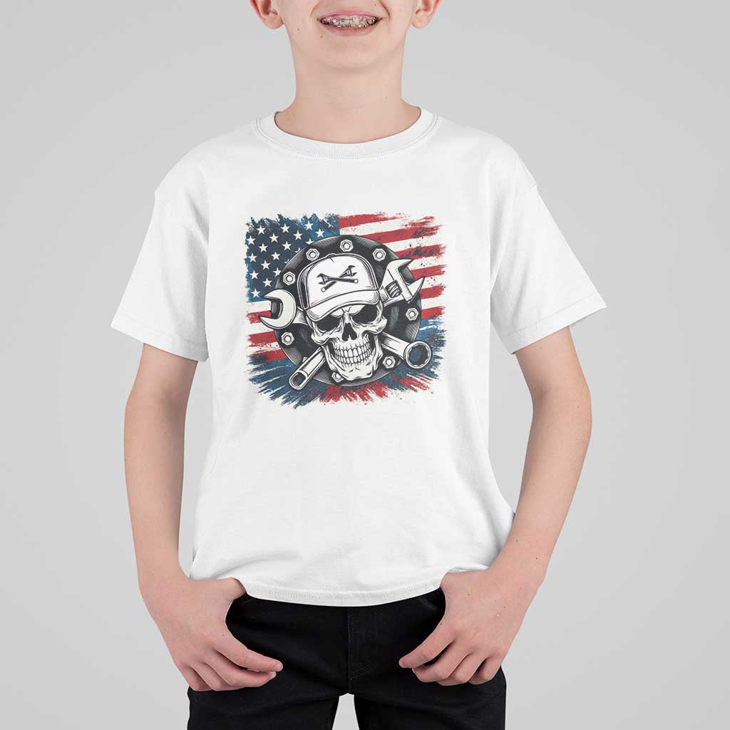 American Flag Skull Mechanic T Shirt For Kid Labor Day Patriotic USA - Wonder Print Shop