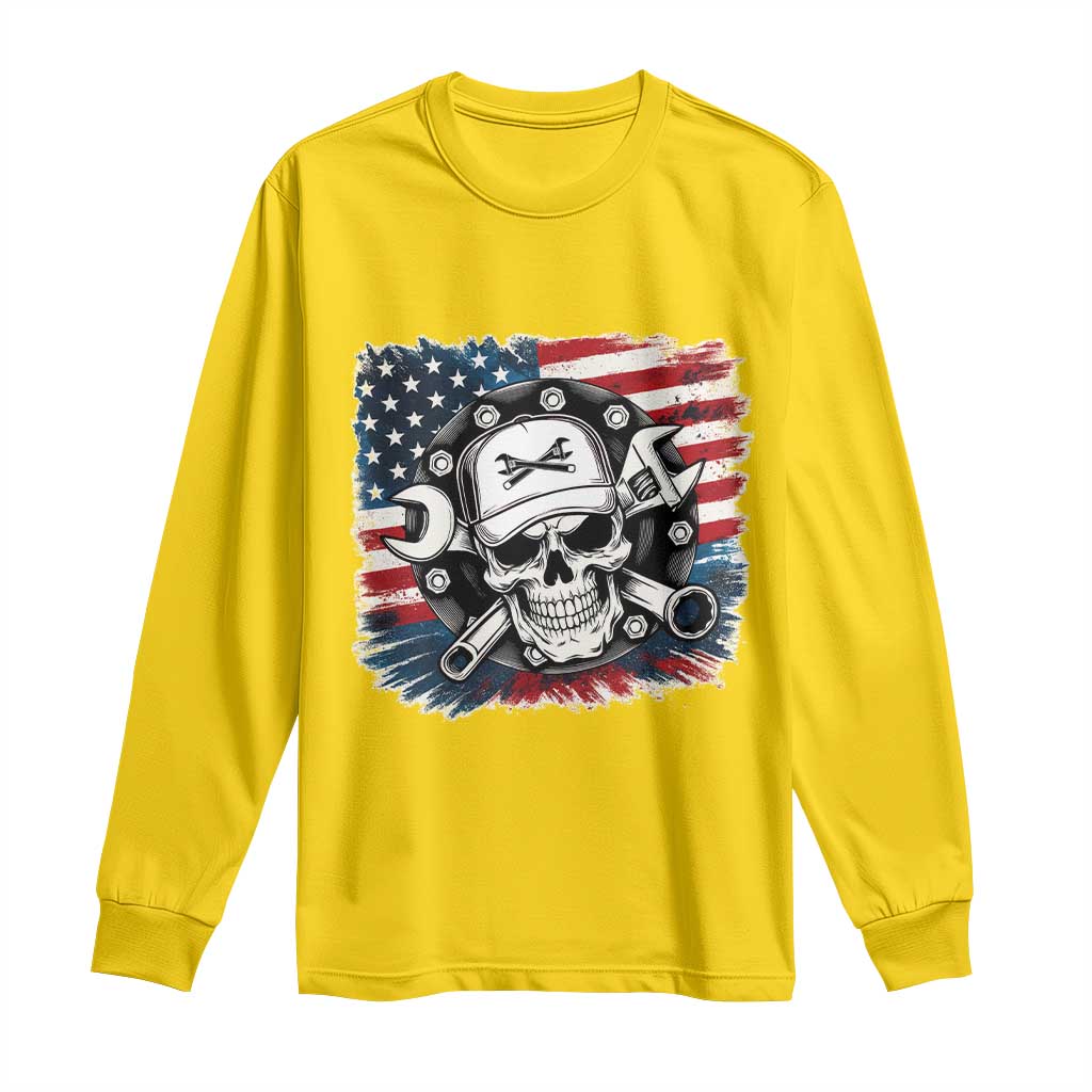 American Flag Skull Mechanic Long Sleeve Shirt Labor Day Patriotic USA - Wonder Print Shop