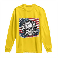 American Flag Skull Mechanic Long Sleeve Shirt Labor Day Patriotic USA - Wonder Print Shop