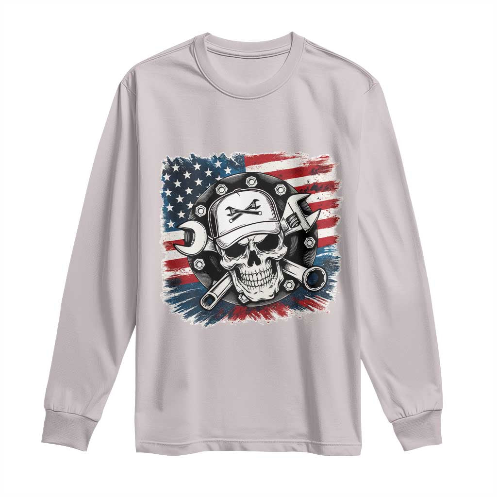 American Flag Skull Mechanic Long Sleeve Shirt Labor Day Patriotic USA - Wonder Print Shop