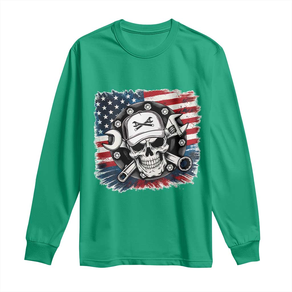 American Flag Skull Mechanic Long Sleeve Shirt Labor Day Patriotic USA - Wonder Print Shop