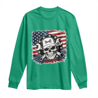 American Flag Skull Mechanic Long Sleeve Shirt Labor Day Patriotic USA - Wonder Print Shop