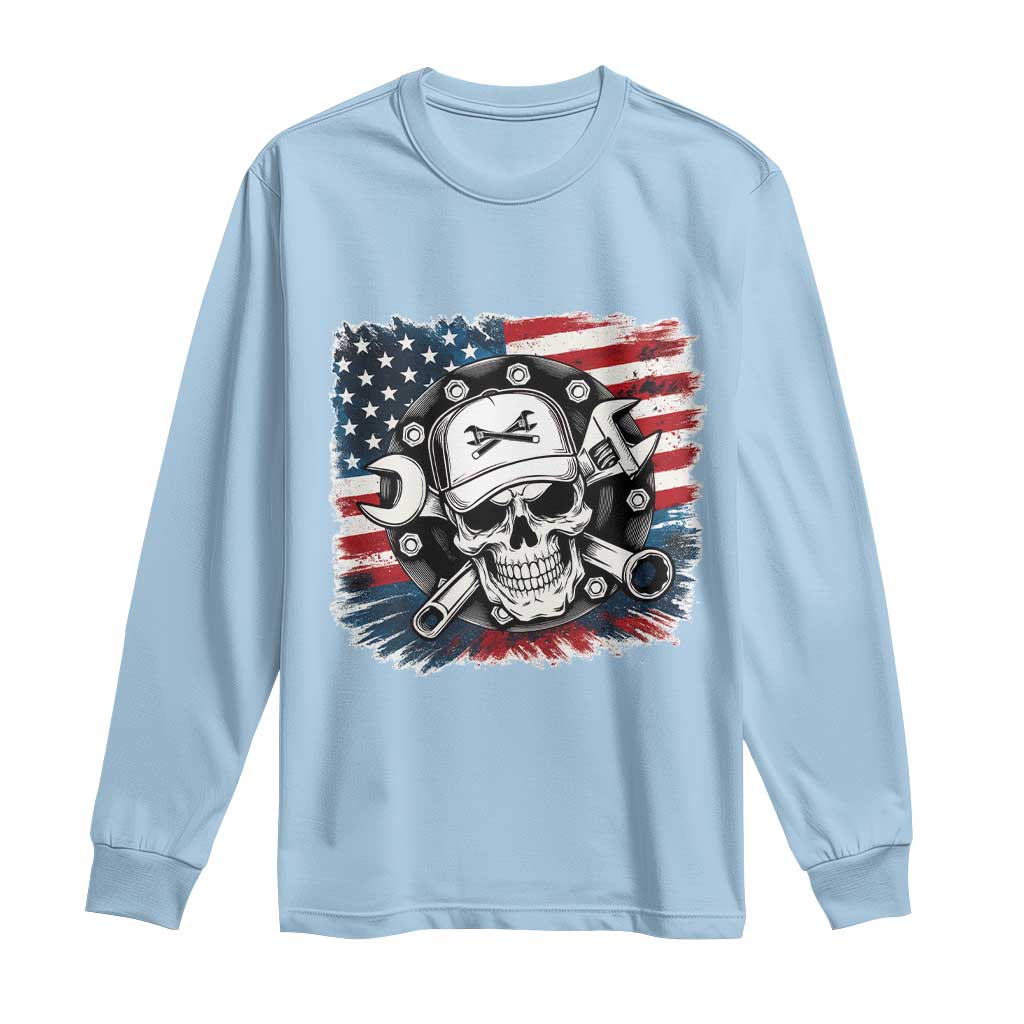American Flag Skull Mechanic Long Sleeve Shirt Labor Day Patriotic USA - Wonder Print Shop