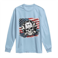 American Flag Skull Mechanic Long Sleeve Shirt Labor Day Patriotic USA - Wonder Print Shop