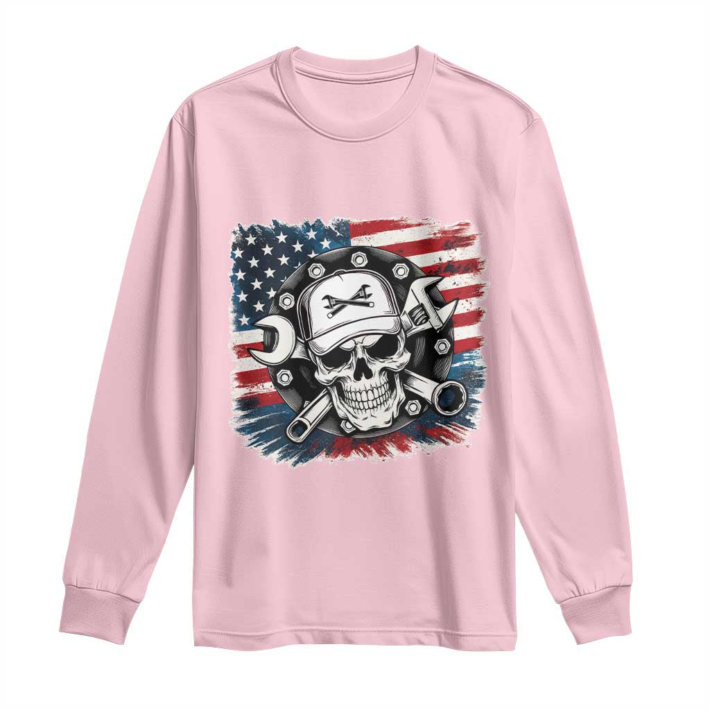 American Flag Skull Mechanic Long Sleeve Shirt Labor Day Patriotic USA - Wonder Print Shop