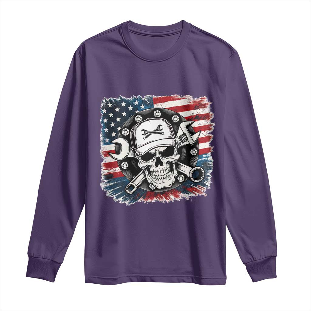American Flag Skull Mechanic Long Sleeve Shirt Labor Day Patriotic USA - Wonder Print Shop
