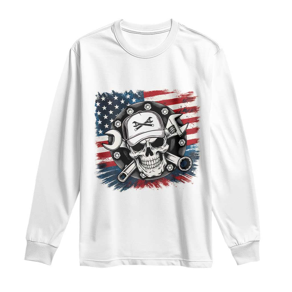 American Flag Skull Mechanic Long Sleeve Shirt Labor Day Patriotic USA - Wonder Print Shop